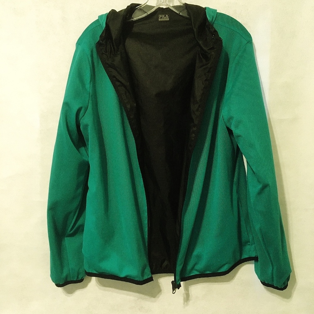 Fila Sport Hooded Windbreaker Reversible Jacket Black Green Mesh Zipper Size L